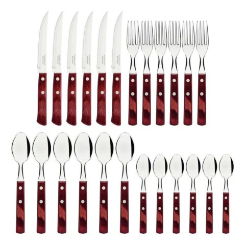 Conjunto De Talheres 24 Peças Wood Cabo Vermelho Escuro