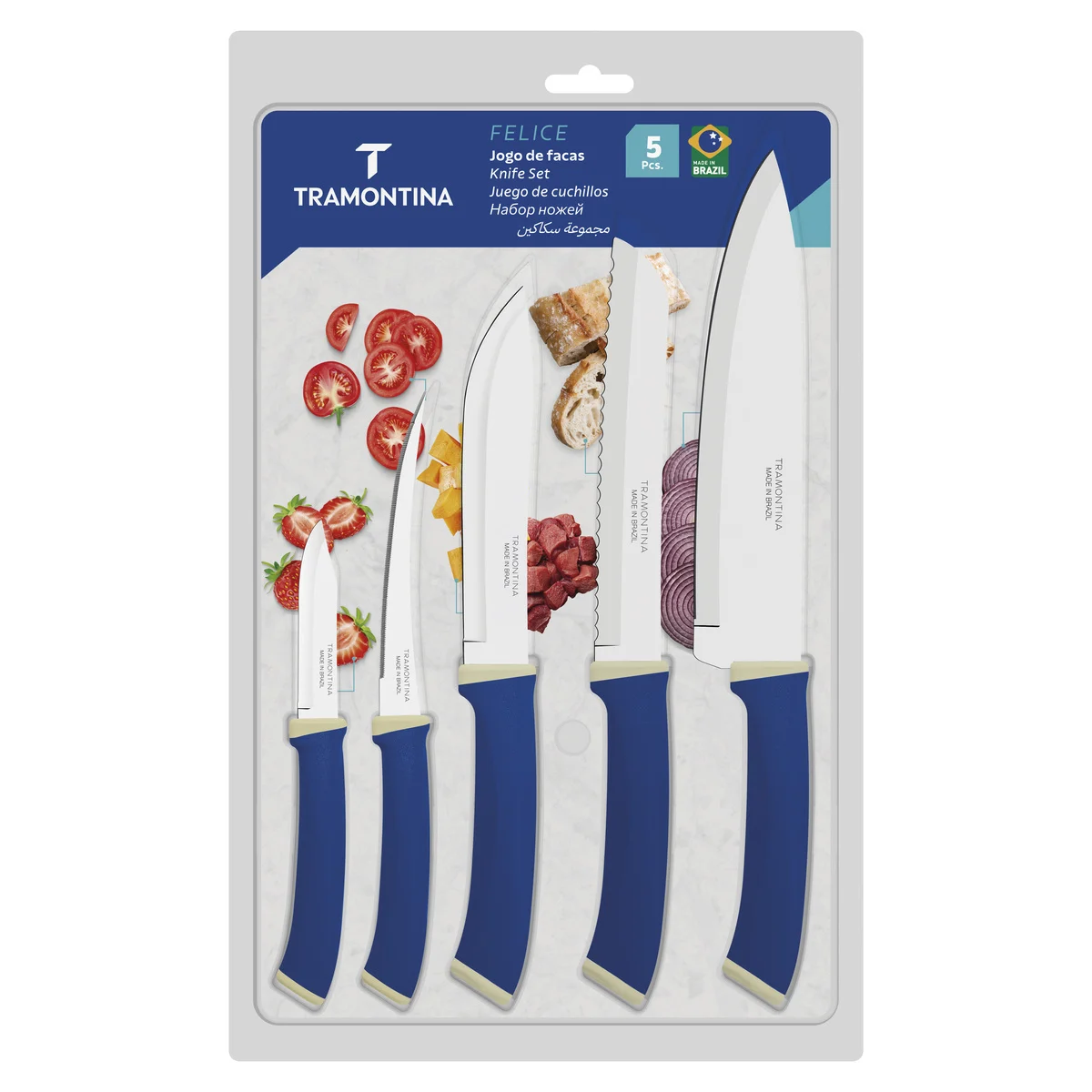Jogo Facas Tramontina Felice Aço Inox 5 Peças Cabo Azul
