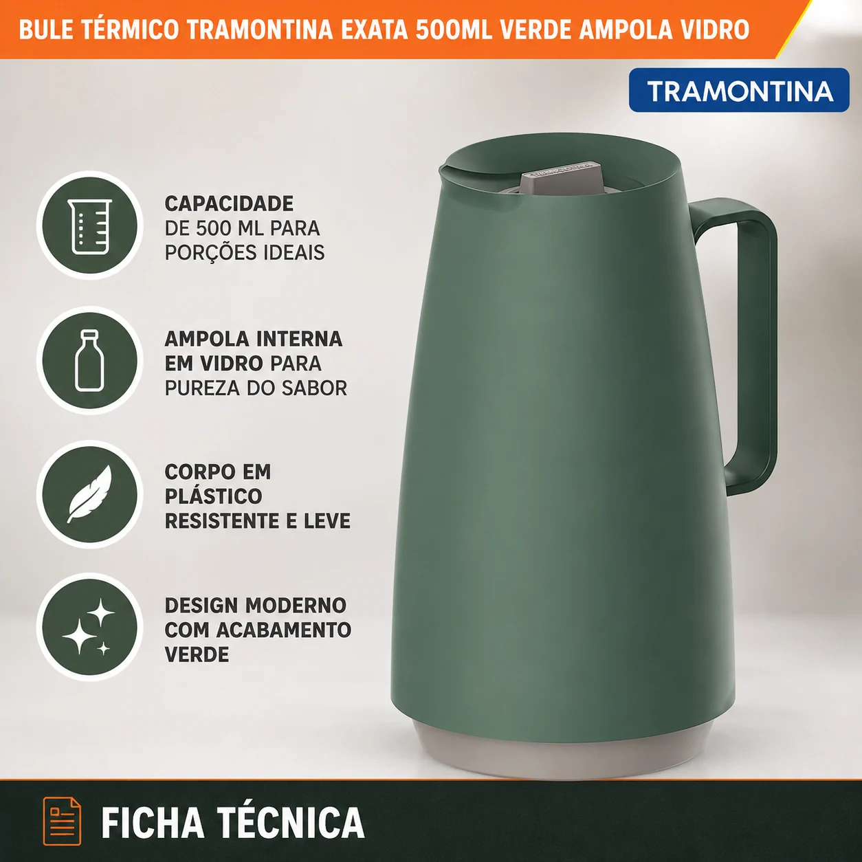 Bule Térmico Tramontina Exata 500 Ml Verde Ampola Vidro - Imagem 3