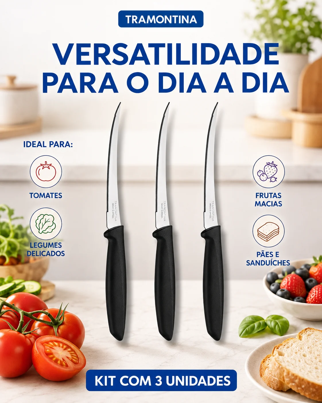 Kit 3 Facas para Tomate Tramontina Microserrilhadas Inox Preto - Imagem 5
