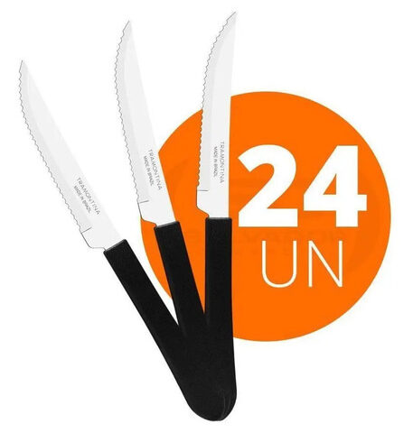 Kit 24 Facas Churrasco Leme Aço Inox Cabo Preto Tramontina