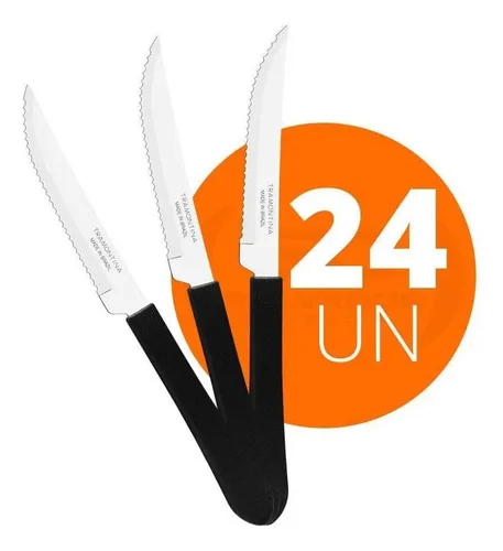 Kit 24 Facas Churrasco Leme Aço Inox Cabo Preto Tramontina