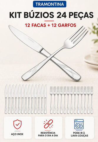 Kit 24 Peças Garfos E Facas Inox Tramontina Buzios Talheres Prateado