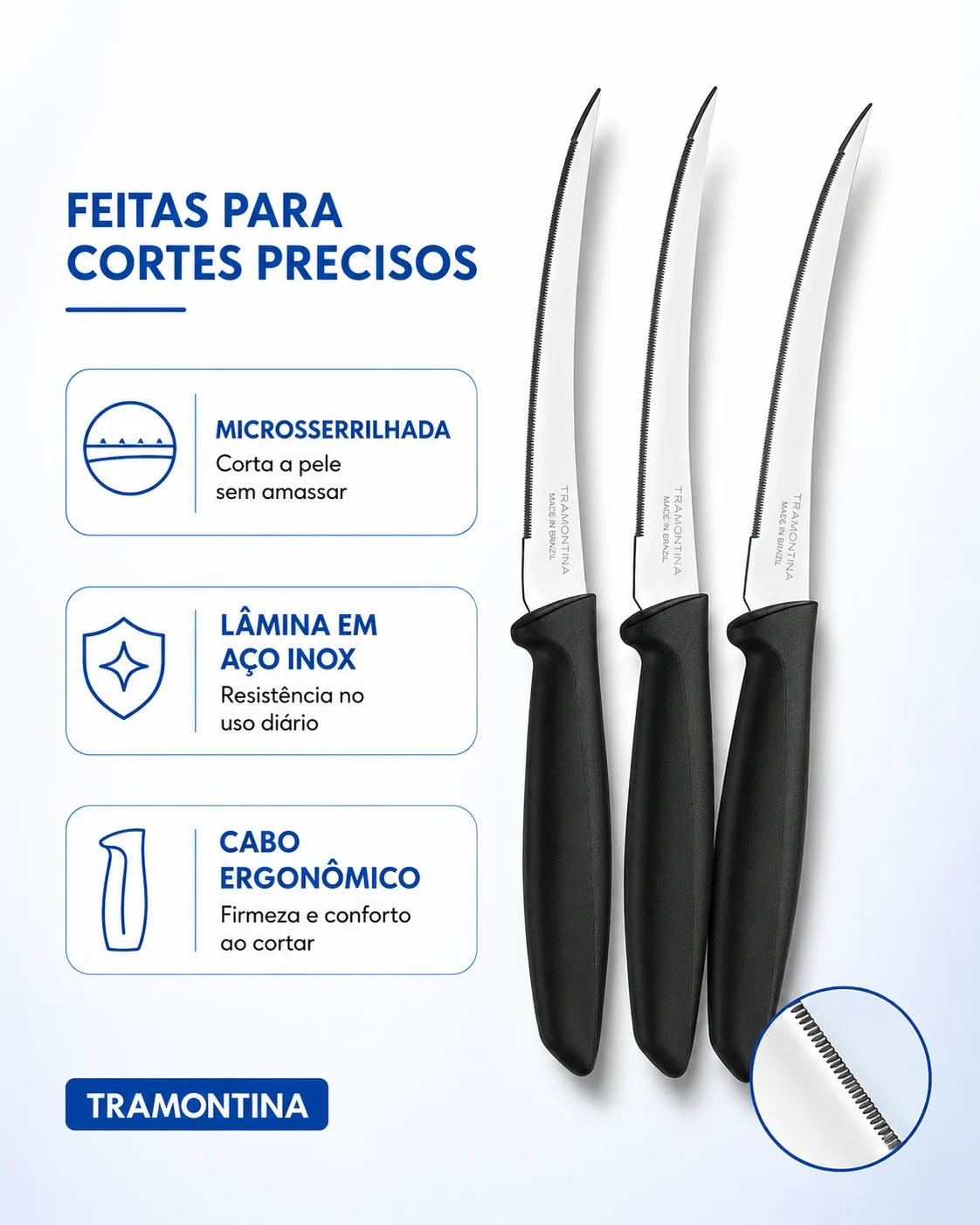 Kit 3 Facas para Tomate Tramontina Microserrilhadas Inox Preto - Imagem 4