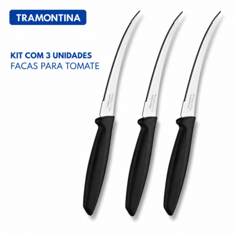 Kit 3 Facas para Tomate Tramontina Microserrilhadas Inox Preto